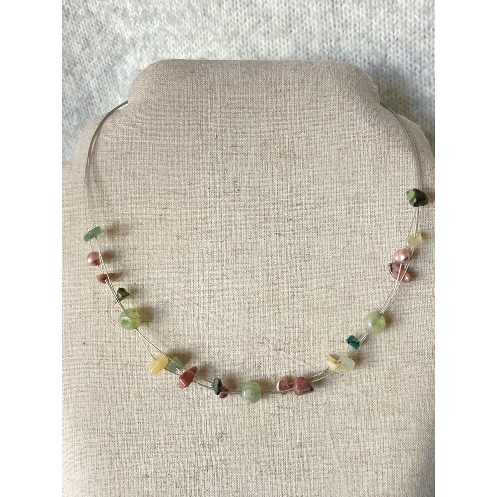 Floating Gemstone Chip Necklace Multi Strand Pastel Bead Silver Tone Romantic